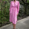 Stella Silk Midi Dress - Hot Pink Damask Print