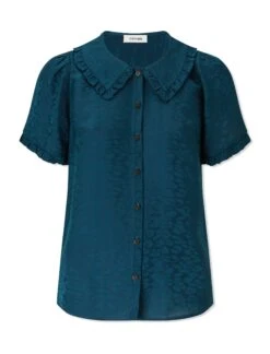 Rosa Silk Blend Blouse - Petrol Blue Leopard Pansy Print -CEFINN Shop AU22 B139 ROSA PETROL BLUE CO