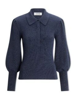 Eva Merino Wool Collared Jumper - Denim Blue -CEFINN Shop AU23 143 EVA DENIMBLUE CO