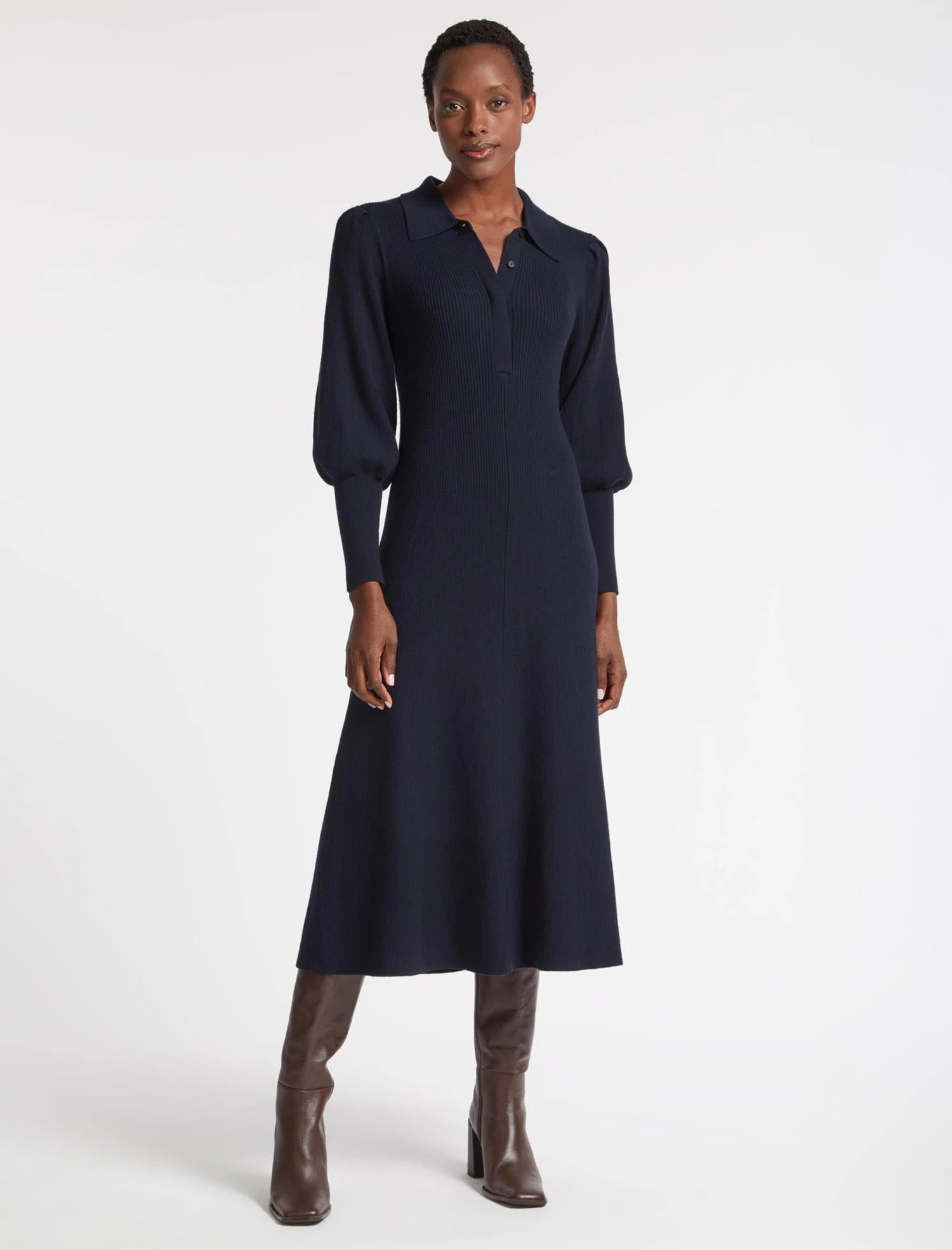 Eva Merino Wool Collared Knit Maxi Dress - Navy 3 Eva Merino Wool Collared Knit Maxi Dress - Navy - Image 3