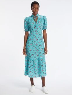Rebecca Silk Midi Dress - Mint Posy Print -CEFINN Shop AU23 D562 REBECCA MINT POSYPRINT LS 4081