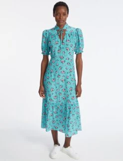 Rebecca Silk Midi Dress - Mint Posy Print -CEFINN Shop AU23 D562 REBECCA MINT POSYPRINT LS 4119