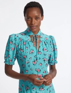 Rebecca Silk Midi Dress - Mint Posy Print -CEFINN Shop AU23 D562 REBECCA MINT POSYPRINT LS 4130