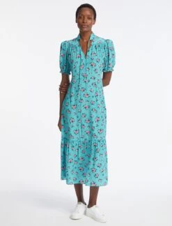 Rebecca Silk Midi Dress - Mint Posy Print -CEFINN Shop AU23 D562 REBECCA MINT POSYPRINT LS 4175