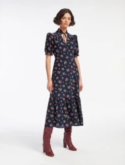 Rebecca Silk Midi Dress - Navy Posy Print -CEFINN Shop AU23 D562 REBECCA NAVYPINKPOSYPRINT LS 13782