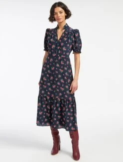 Rebecca Silk Midi Dress - Navy Posy Print