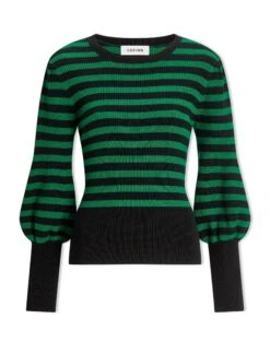 Eva Wool Crew Neck Jumper - Black Emerald Green Stripe -CEFINN Shop AU23 K88 EVA EMERALDBLACKSTRIPE CO