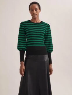 Eva Wool Crew Neck Jumper - Black Emerald Green Stripe -CEFINN Shop AU23 K88 EVA EMERALDBLACKSTRIPE SK119 TIANA BLACK 532