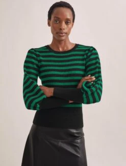 Eva Wool Crew Neck Jumper - Black Emerald Green Stripe -CEFINN Shop AU23 K88 EVA EMERALDBLACKSTRIPE SK119 TIANA BLACK 552