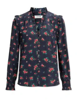 Stella Silk Shirt - Navy Posy Print -CEFINN Shop AU23 S46 STELLA NAVYPINKPOSYPRINT CO