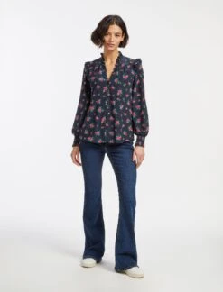 Stella Silk Shirt - Navy Posy Print -CEFINN Shop AU23 S46 STELLA NAVYPINKPOSYPRINT LS 15499
