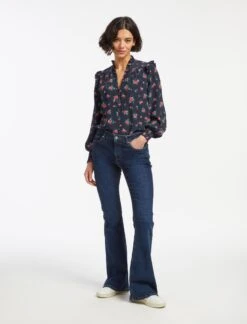 Stella Silk Shirt - Navy Posy Print -CEFINN Shop AU23 S46 STELLA NAVYPINKPOSYPRINT LS 15548