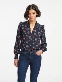Stella Silk Shirt - Navy Posy Print -CEFINN Shop AU23 S46 STELLA NAVYPINKPOSYPRINT LS 15573