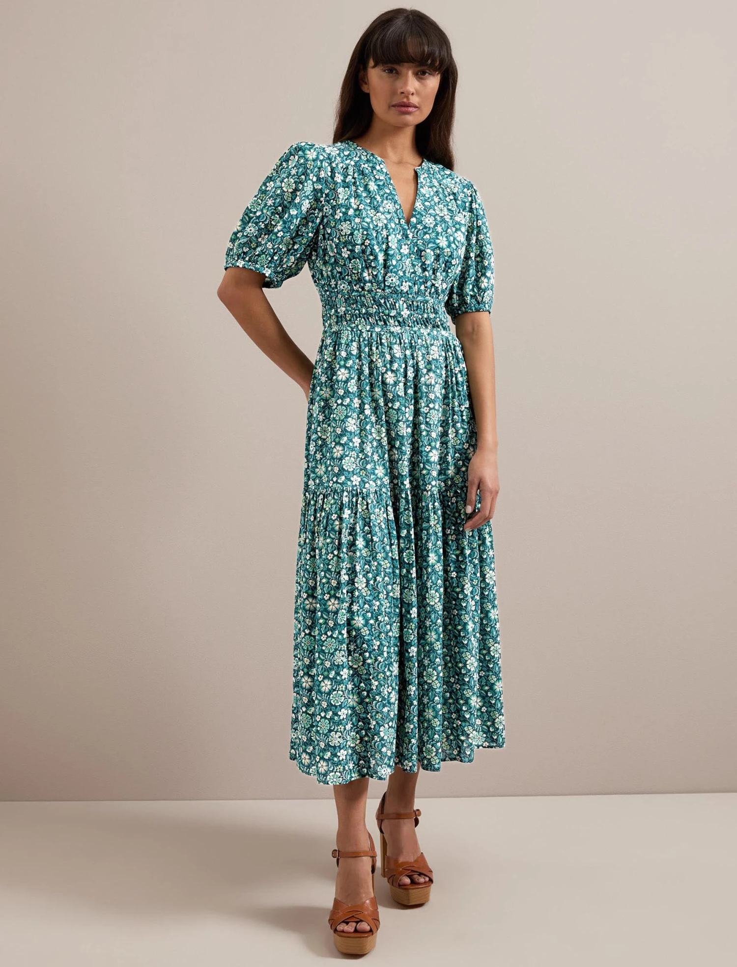 Olive Cotton Blend Midi Dress - Green Ditsy Carnation Print 1 Olive Cotton Blend Midi Dress - Green Ditsy Carnation Print