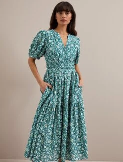 Olive Cotton Blend Midi Dress - Green Ditsy Carnation Print 12 Olive Cotton Blend Midi Dress - Green Ditsy Carnation Print -CEFINN Shop AU24 D648 OLIVE GREEN DITSY CARNATION PRINT 2751