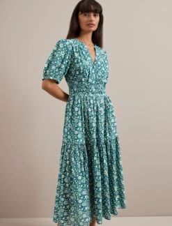 Olive Cotton Blend Midi Dress - Green Ditsy Carnation Print 10 Olive Cotton Blend Midi Dress - Green Ditsy Carnation Print -CEFINN Shop AU24 D648 OLIVE GREEN DITSY CARNATION PRINT 2758