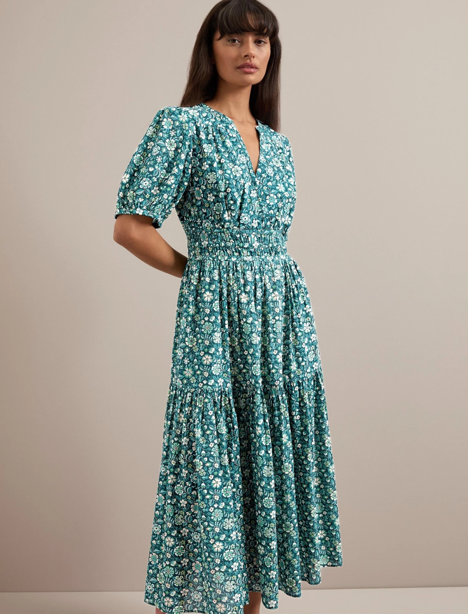 Olive Cotton Blend Midi Dress - Green Ditsy Carnation Print 3 Olive Cotton Blend Midi Dress - Green Ditsy Carnation Print - Image 3