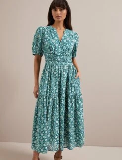 Olive Cotton Blend Midi Dress - Green Ditsy Carnation Print 14 Olive Cotton Blend Midi Dress - Green Ditsy Carnation Print -CEFINN Shop AU24 D648 OLIVE GREEN DITSY CARNATION PRINT 2776