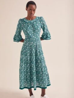 Elodie Cotton Blend Maxi Dress - Green Ditsy Carnation Print -CEFINN Shop AU24 D654 ELODIE GREENDITSYCARNATIONPRINT LS 20494