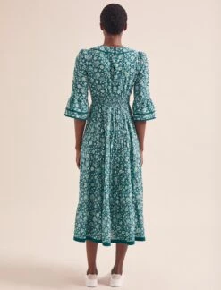Elodie Cotton Blend Maxi Dress - Green Ditsy Carnation Print -CEFINN Shop AU24 D654 ELODIE GREENDITSYCARNATIONPRINT LS 20516