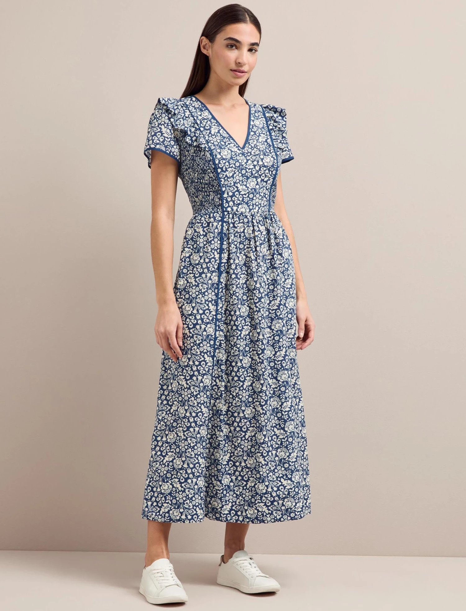 Maeve Cotton Blend Maxi Dress - Blue Mono Floral Print 3 Maeve Cotton Blend Maxi Dress - Blue Mono Floral Print - Image 3