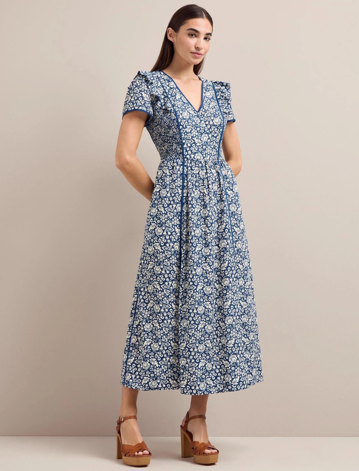 Maeve Cotton Blend Maxi Dress - Blue Mono Floral Print 6 Maeve Cotton Blend Maxi Dress - Blue Mono Floral Print - Image 6