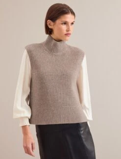 Janie Cashmere Blend Funnel Neck Sleeveless Jumper - Taupe -CEFINN Shop AU24 K156 JANICE TAUPE 1026