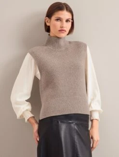 Janie Cashmere Blend Funnel Neck Sleeveless Jumper - Taupe -CEFINN Shop AU24 K156 JANICE TAUPE 1049