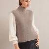 Janie Cashmere Blend Funnel Neck Sleeveless Jumper - Taupe