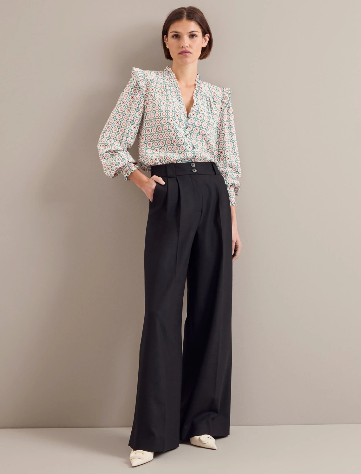 Stella Silk Shirt - Cream Floral Tile Print 2 Stella Silk Shirt - Cream Floral Tile Print - Image 2