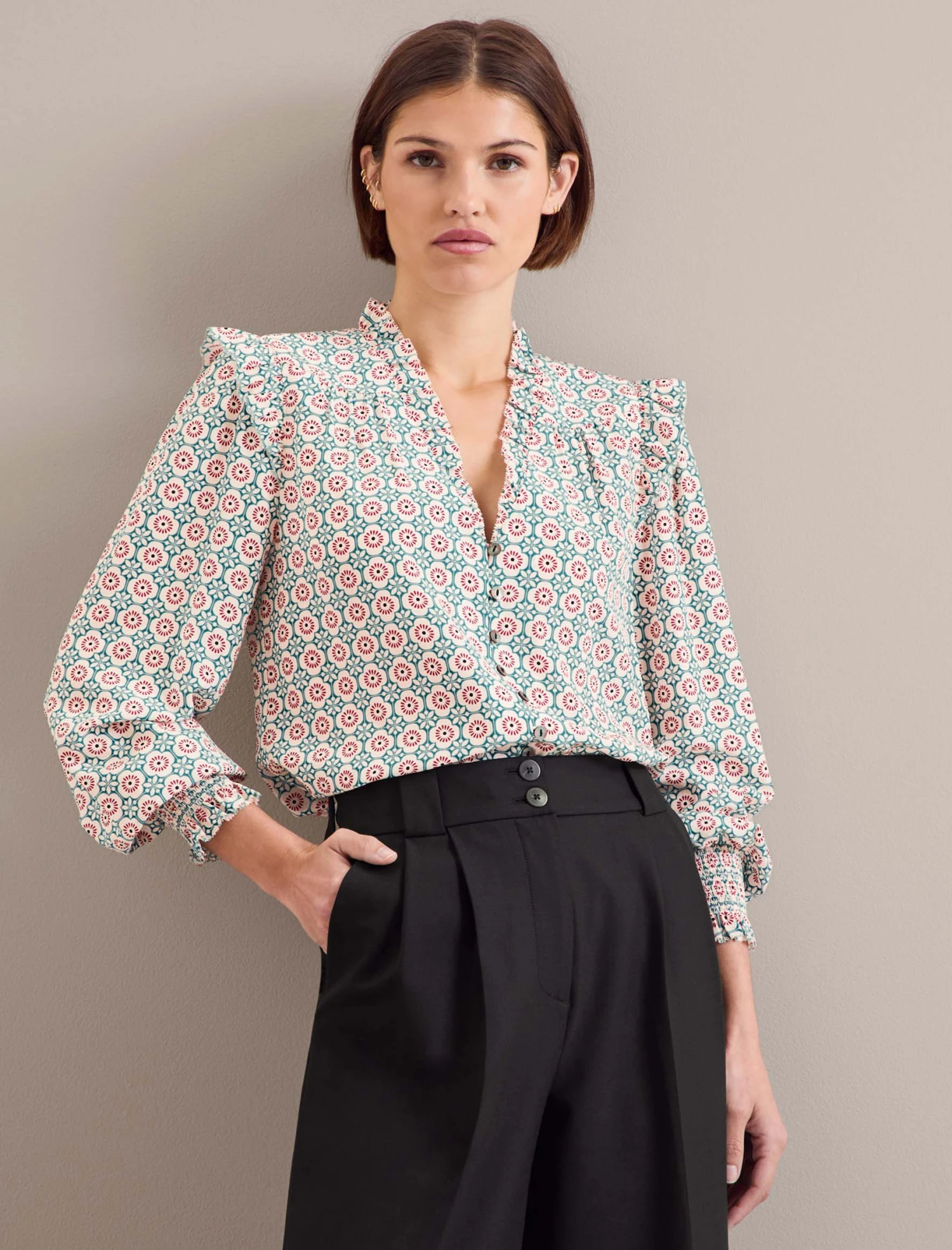 Stella Silk Shirt - Cream Floral Tile Print 1 Stella Silk Shirt - Cream Floral Tile Print