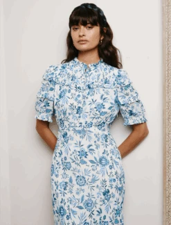 Viola Cotton Blend Bias Cut Maxi Dress - White Blue Palm Floral -CEFINN Shop CEFINN 240201 3483