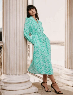 Stella Silk Midi Dress - Green Damask Print -CEFINN Shop CEFINN 240201 3886