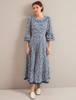 Elodie Cotton Blend Maxi Dress - Blue Mono Floral Print -CEFINN Shop ELODIE BLUE FLORAL 1117