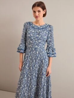 Elodie Cotton Blend Maxi Dress - Blue Mono Floral Print -CEFINN Shop ELODIE BLUE FLORAL 1167