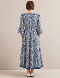 Elodie Cotton Blend Maxi Dress - Blue Mono Floral Print -CEFINN Shop ELODIE BLUE FLORAL 1192