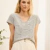 Madison Linen Blend V Neck Knit T-Shirt - White Navy Stripe