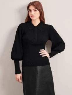 Eva Merino Wool Collared Jumper - Black -CEFINN Shop RSHT 143 EVA BLACK LS 0911