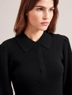 Eva Merino Wool Collared Jumper - Black -CEFINN Shop RSHT 143 EVA BLACK LS 0928
