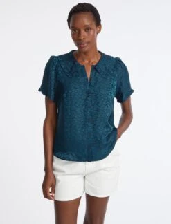 Rosa Silk Blend Blouse - Petrol Blue Leopard Pansy Print