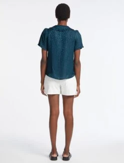 Rosa Silk Blend Blouse - Petrol Blue Leopard Pansy Print -CEFINN Shop RSHT B139 ROSA PETROL BLUE LS 4559