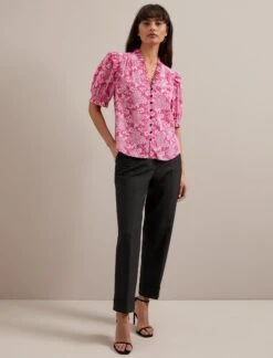 Stella Silk Blouse - Hot Pink Damask Print -CEFINN Shop RSHT B158 STELLA HOTPINKDAMASKPRINT LS 3189