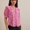 Stella Silk Blouse - Hot Pink Damask Print