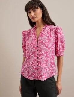 Stella Silk Blouse - Hot Pink Damask Print -CEFINN Shop RSHT B158 STELLA HOTPINKDAMASKPRINT LS 3208