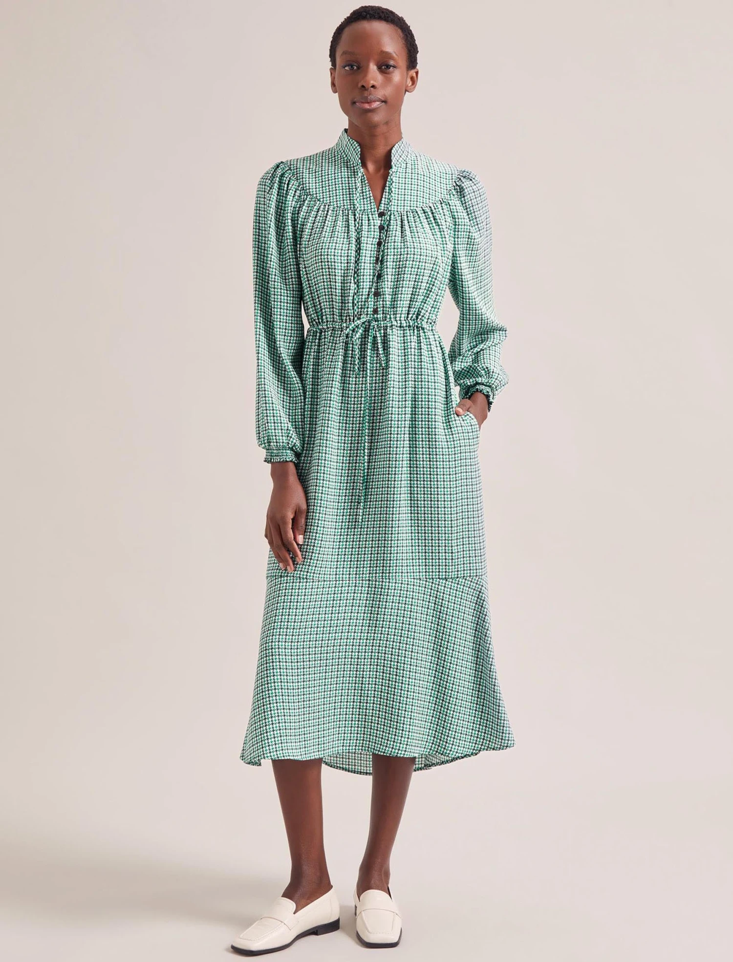 Zahra Midi Dress - Ecru Green Houndstooth Print 1 Zahra Midi Dress - Ecru Green Houndstooth Print