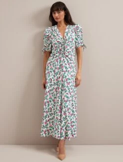 Ophelia Bias Cut Maxi Dress - White Multi Tropical Floral Print -CEFINN Shop RSHT D635 OPHELIA CREAMMULTITROPICALFLORALPRINT LS 3447