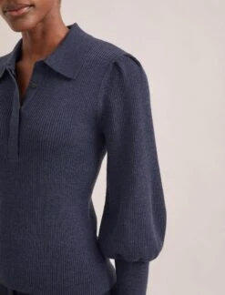 Eva Merino Wool Collared Jumper - Denim Blue -CEFINN Shop RSHT K143 EVA DENIMBLUE TR77 CLEMENT NAVY 1642