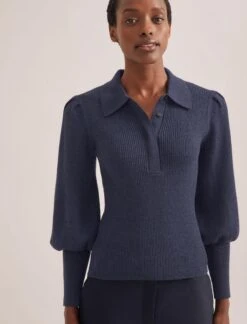 Eva Merino Wool Collared Jumper - Denim Blue -CEFINN Shop RSHT K143 EVA DENIMBLUE TR77 CLEMENT NAVY 1645