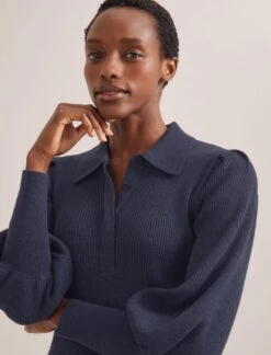 Eva Merino Wool Collared Jumper - Denim Blue -CEFINN Shop RSHT K143 EVA DENIMBLUE TR77 CLEMENT NAVY 1654