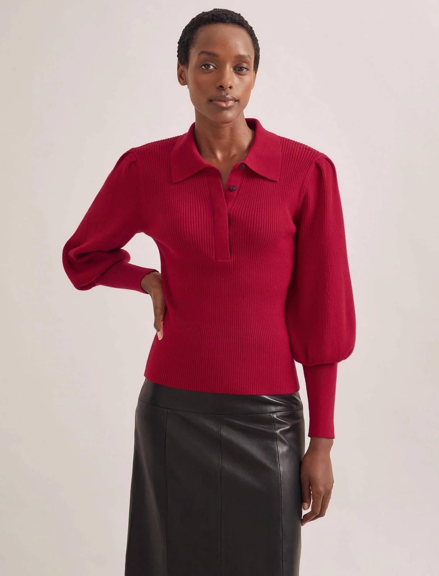 Eva Merino Wool Collared Jumper - Red 2 Eva Merino Wool Collared Jumper - Red - Image 2